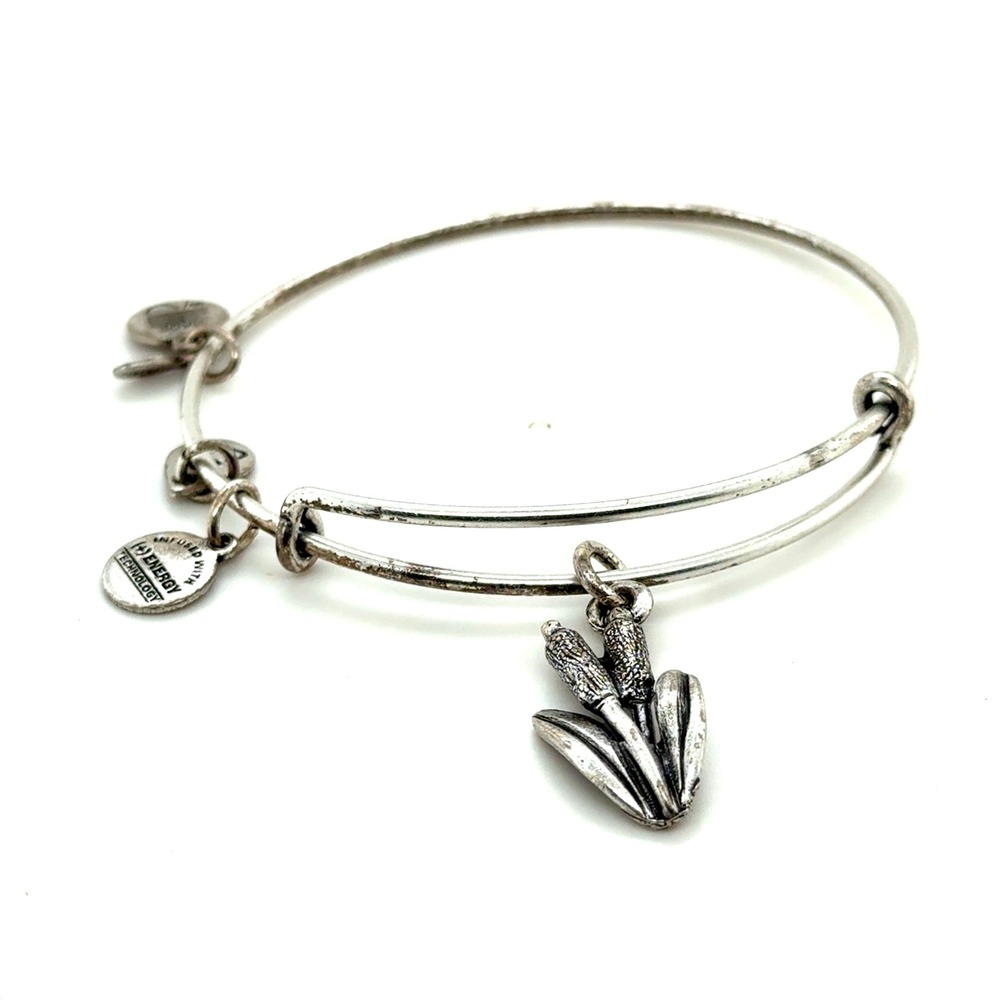 Alex and Ani Cattail Charm Bangle Bracelet Silver Tone Expandable Nature Jewelry